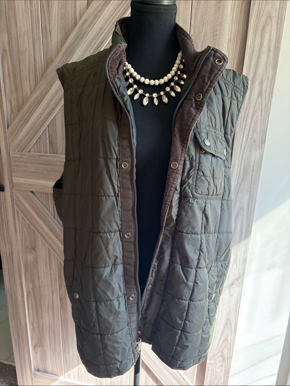Haggar Olive Quilted Sleeveless Vest with Brown Trim